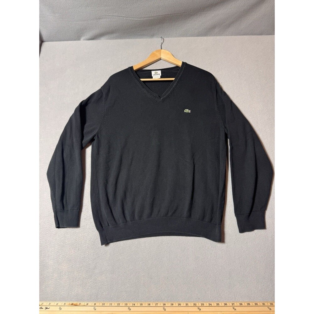Lacoste V-Neck Sweater Mens Size 6 Black Embroidered Logo Long Sleeve